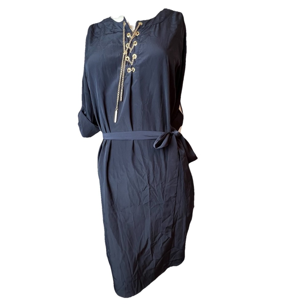 Michael Kors Polyester Roll Tab Sleeve Chain Tie Dress Navy Medium